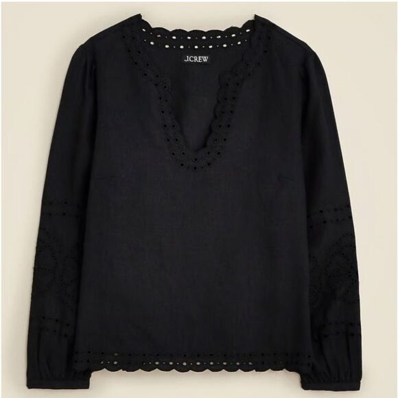 J.Crew Bungalow Embroidered Linen Long Sleeve Top Black - Picture 1 of 5